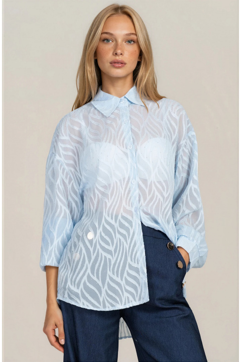 Дамска ефирна синя риза с релефни шарки и ситни камъни
