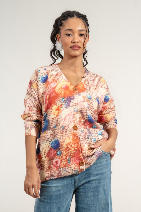 Дамска жилетка от фино плетиво с флорален принт в топли тонове