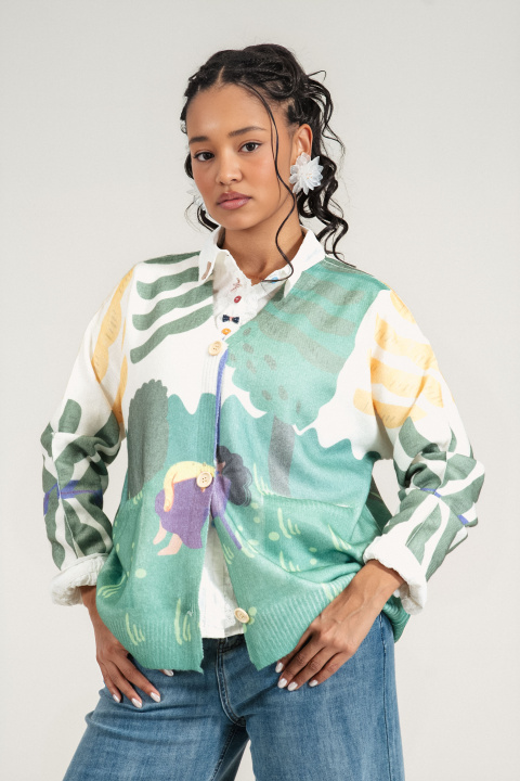 Дамска жилетка от фино плетиво с пейзажен принт в зелено, жълто и бяло