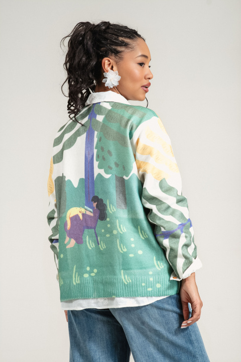 Дамска жилетка от фино плетиво с пейзажен принт в зелено, жълто и бяло