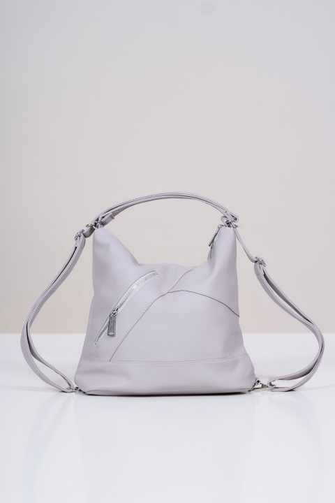 Дамска кожена чанта в сиво с диагонален цип