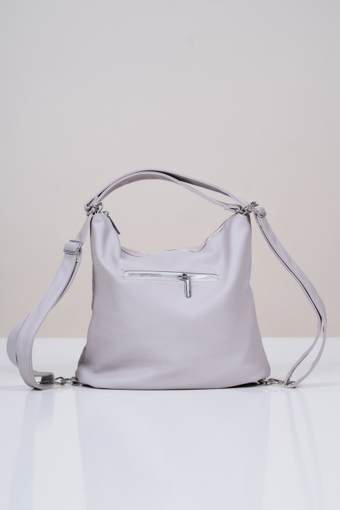 Дамска кожена чанта в сиво с диагонален цип