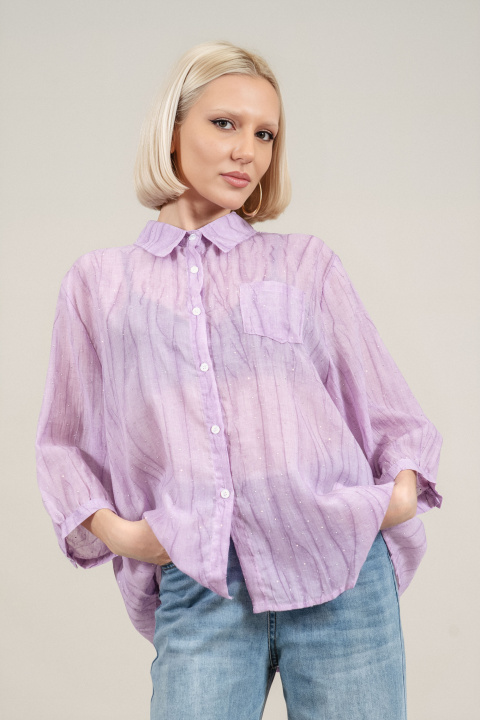 Дамска памучна риза в лилаво декорирана със ситни камъни