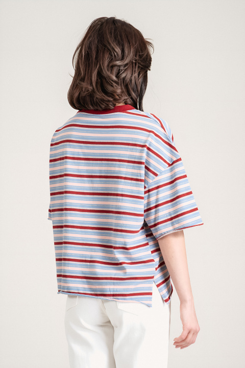 Дамска памучна тениска на райе в светлосиньо, розово и бордо