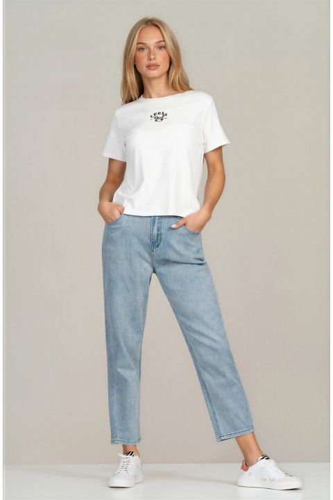 Дамска памучна тениска в бяло с минималистична щампа с котка и надпис