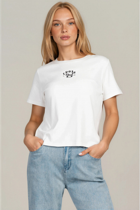 Дамска памучна тениска в бяло с минималистична щампа с котка и надпис