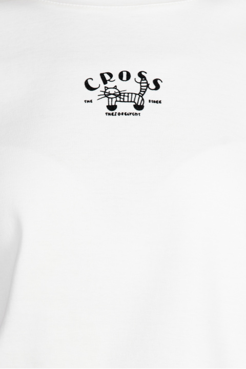 Дамска памучна тениска в бяло с минималистична щампа с котка и надпис