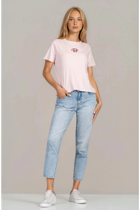 Дамска памучна тениска в розово с минималистична щампа с котка и надпис