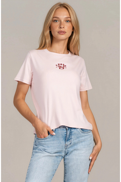 Дамска памучна тениска в розово с минималистична щампа с котка и надпис