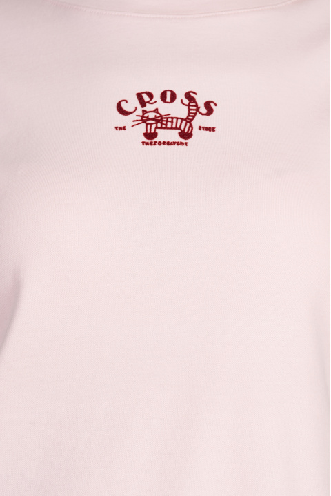 Дамска памучна тениска в розово с минималистична щампа с котка и надпис