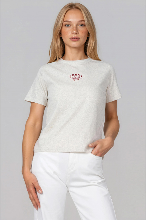 Дамска памучна тениска в сиво с минималистична щампа с котка и надпис