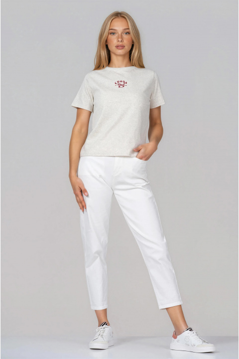 Дамска памучна тениска в сиво с минималистична щампа с котка и надпис