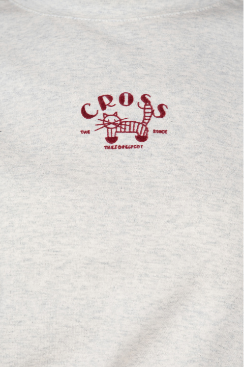 Дамска памучна тениска в сиво с минималистична щампа с котка и надпис