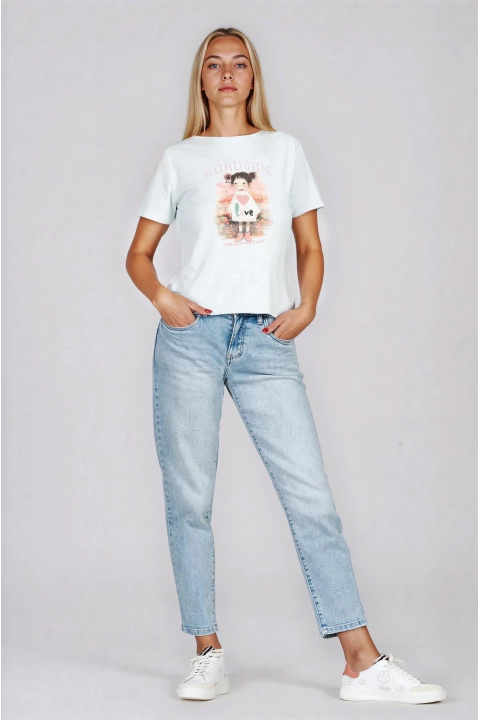 Дамска памучна тениска в светлосиньо с щампа и надпис