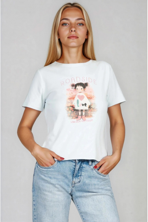 Дамска памучна тениска в светлосиньо с щампа и надпис