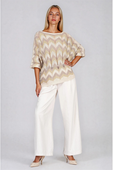 Дамска плетена блуза със свободна кройка и кафяво-бежов принт