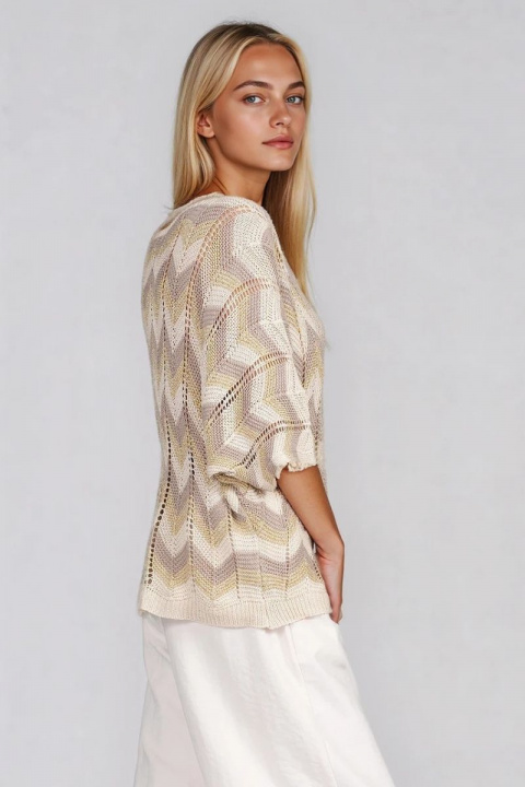 Дамска плетена блуза със свободна кройка и кафяво-бежов принт
