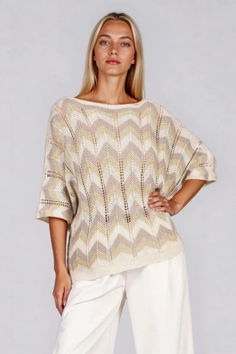 Дамска плетена блуза със свободна кройка и кафяво-бежов принт