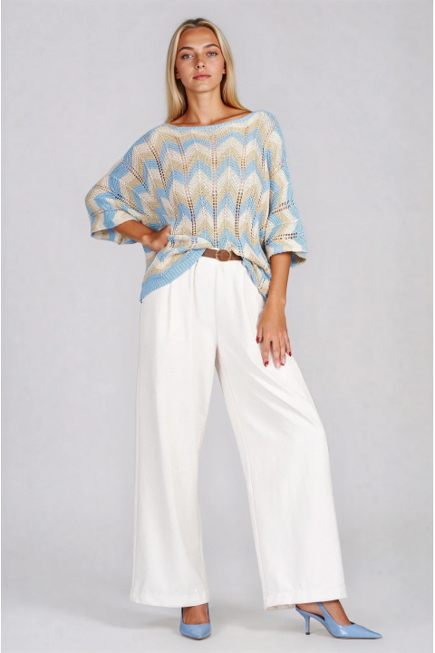 Дамска плетена блуза със свободна кройка и синьо-бежов принт