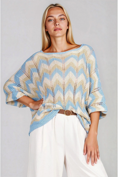 Дамска плетена блуза със свободна кройка и синьо-бежов принт