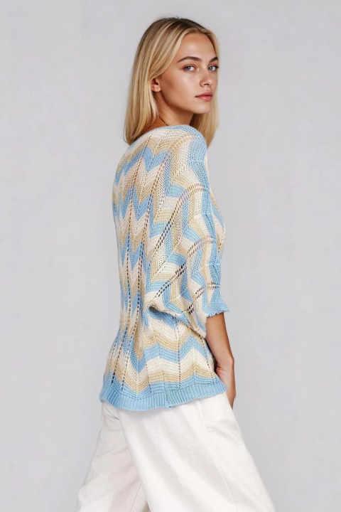 Дамска плетена блуза със свободна кройка и синьо-бежов принт