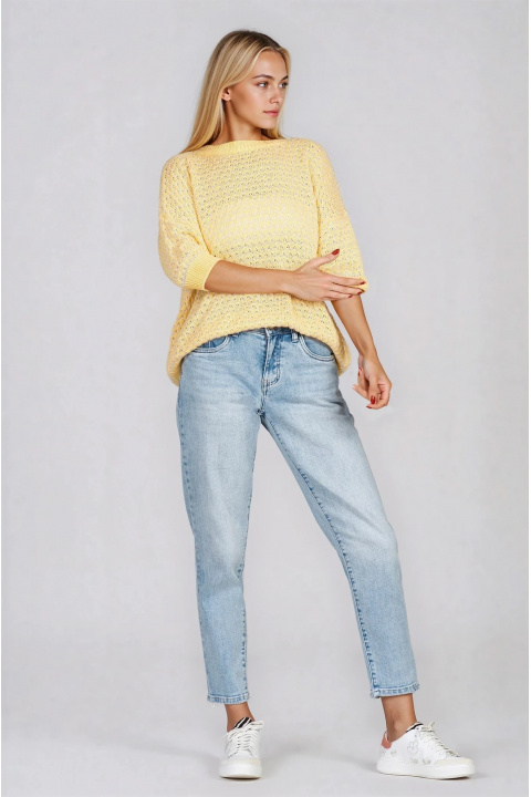 Дамска плетена блуза в жълто и бяло с релефна текстура