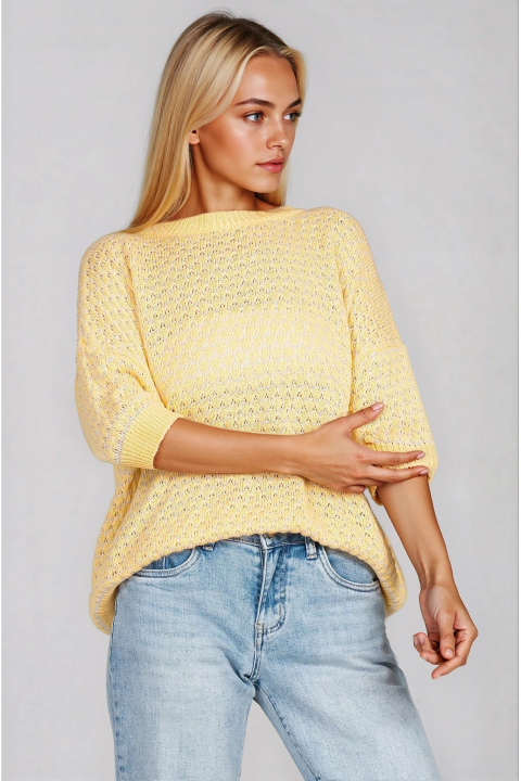 Дамска плетена блуза в жълто и бяло с релефна текстура
