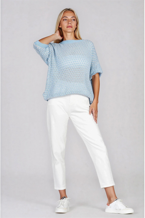 Дамска плетена блуза в синьо и бяло с релефна текстура