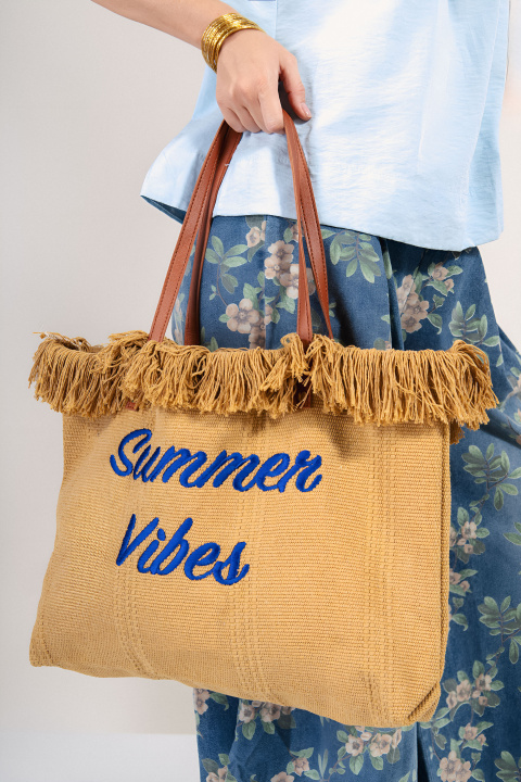 Дамска плетена чанта в бежово с надпис ''Summer Vibes''