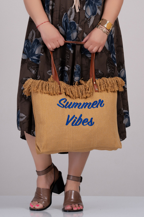 Дамска плетена чанта в бежово с надпис ''Summer Vibes''
