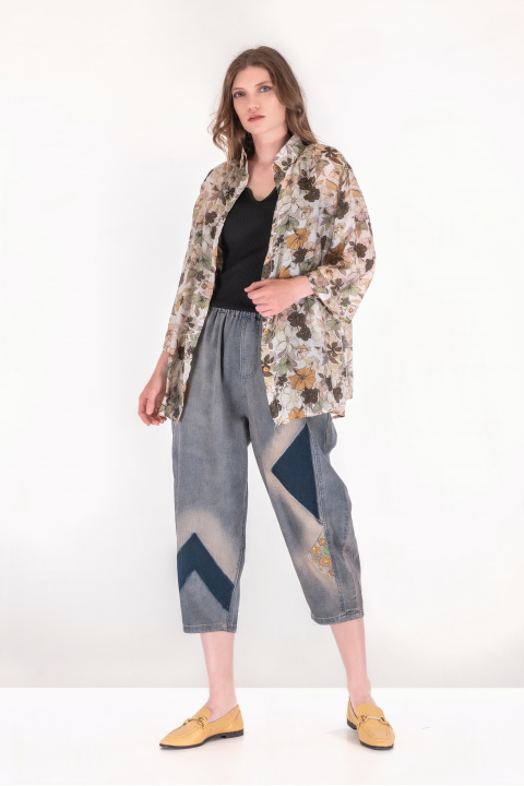 Дамска риза от фин памук с принт цветя в зелено, бежово и кафяво