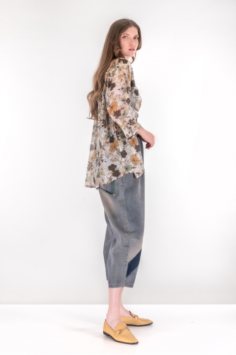 Дамска риза от фин памук с принт цветя в зелено, бежово и кафяво