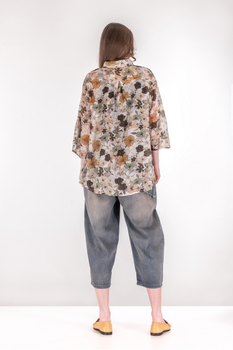 Дамска риза от фин памук с принт цветя в зелено, бежово и кафяво