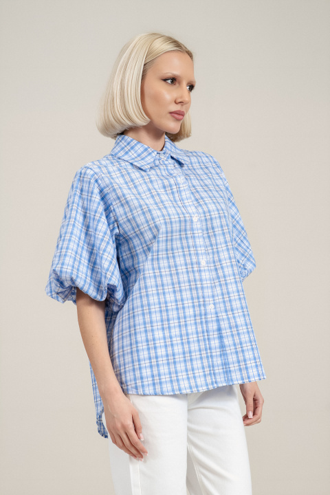 Дамска риза от памук с кариран принт в синьо, бяло и черно