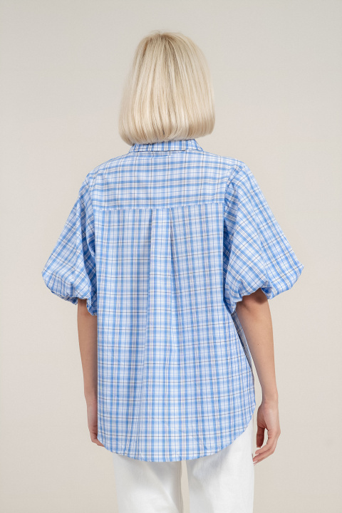 Дамска риза от памук с кариран принт в синьо, бяло и черно