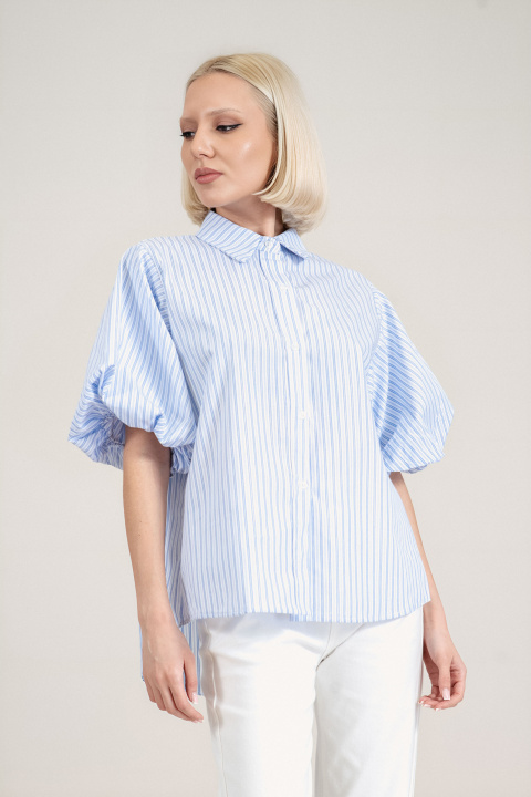 Дамска риза от памук в бяло със синьо и сребристо райе