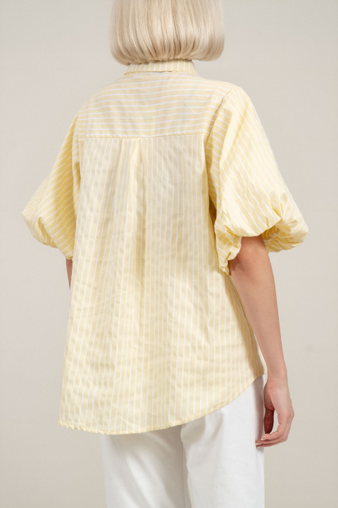 Дамска риза от памук в жълто с бяло райе и издължен гръб