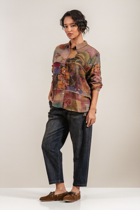 Дамска риза от памук в кафяво с акварелно- флорален принт