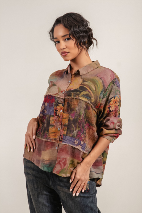 Дамска риза от памук в кафяво с акварелно- флорален принт