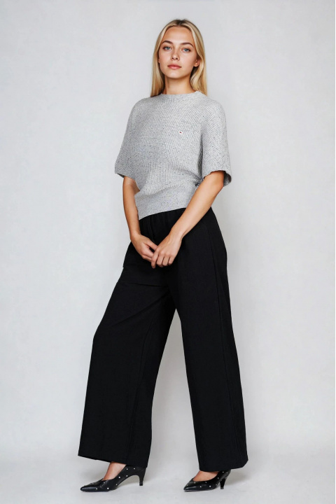 Дамска сива блуза от фино плетиво с меланж и полу поло яка