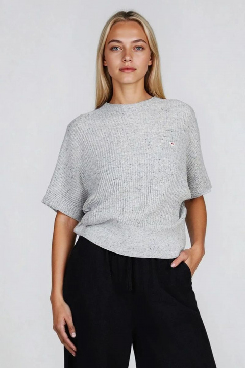 Дамска сива блуза от фино плетиво с меланж и полу поло яка