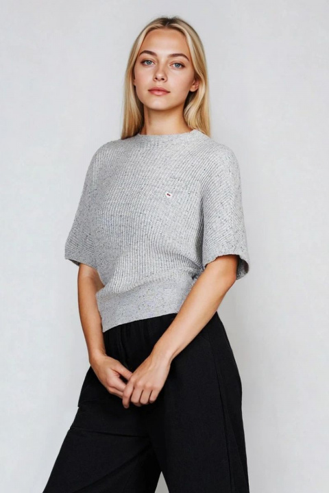 Дамска сива блуза от фино плетиво с меланж и полу поло яка
