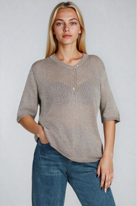 Дамска сива блуза от фино плетиво с нишла ламе и декоративни копчета