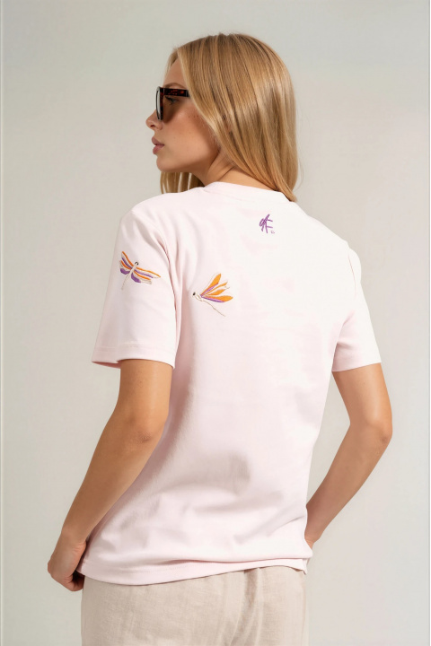 Дамска тениска ''Dragonfly'' от органичен памук в розово с бродирани водни кончета
