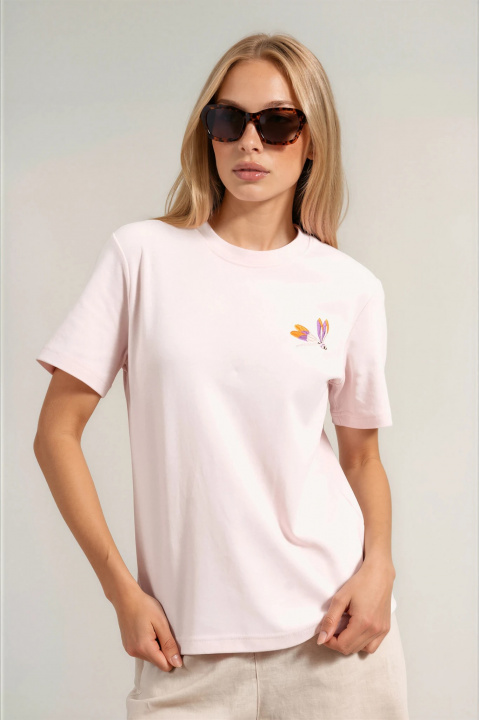 Дамска тениска ''Dragonfly'' от органичен памук в розово с бродирани водни кончета