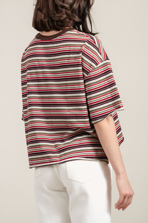 Дамска тениска от памук с раиран принт в кафяво, зелено, червенои сиво