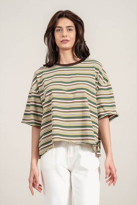 Дамска тениска от памук с раиран принт в зелено, розово и сиво