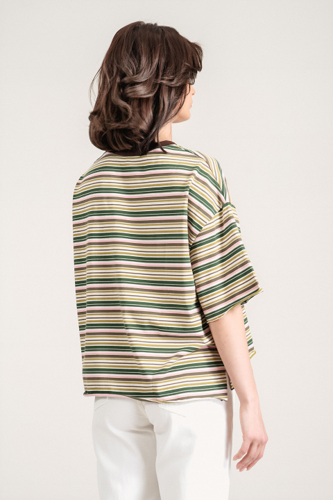 Дамска тениска от памук с раиран принт в зелено, розово и сиво