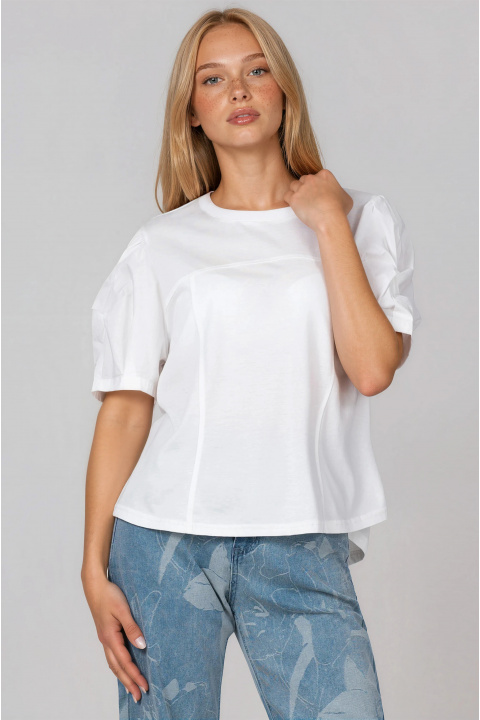 Дамска тениска от памук в бяло с буфан ръкави и свободна кройка