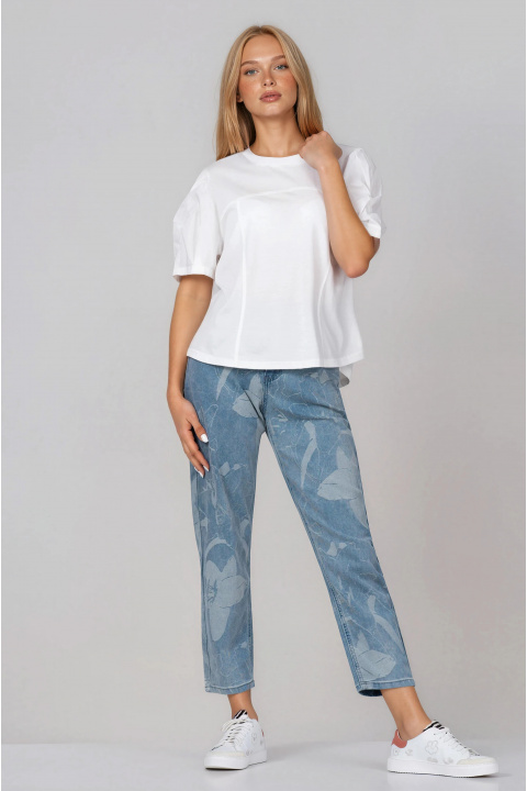 Дамска тениска от памук в бяло с буфан ръкави и свободна кройка